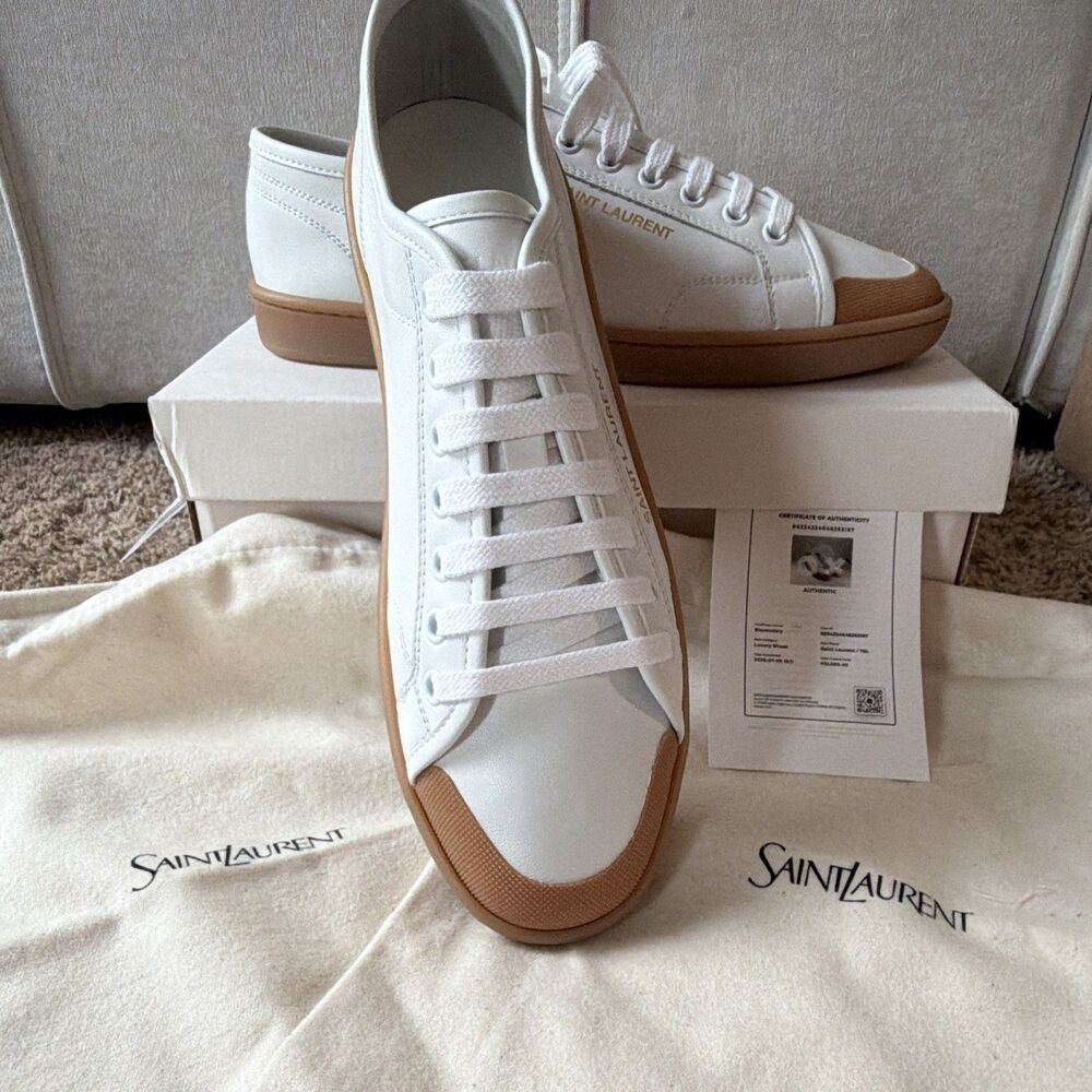 Saint Laurent White Leather Low Top Sneakers Gum Sole Gold Logo EU 40